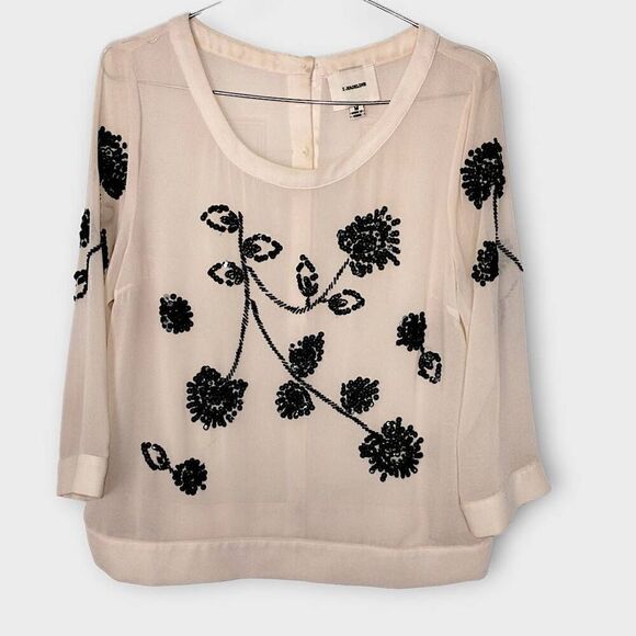 I Madeline Womens Blouse Sz Medium Peach Sheer Chiffon Black Beads Dressy Evenin - Picture 1 of 10